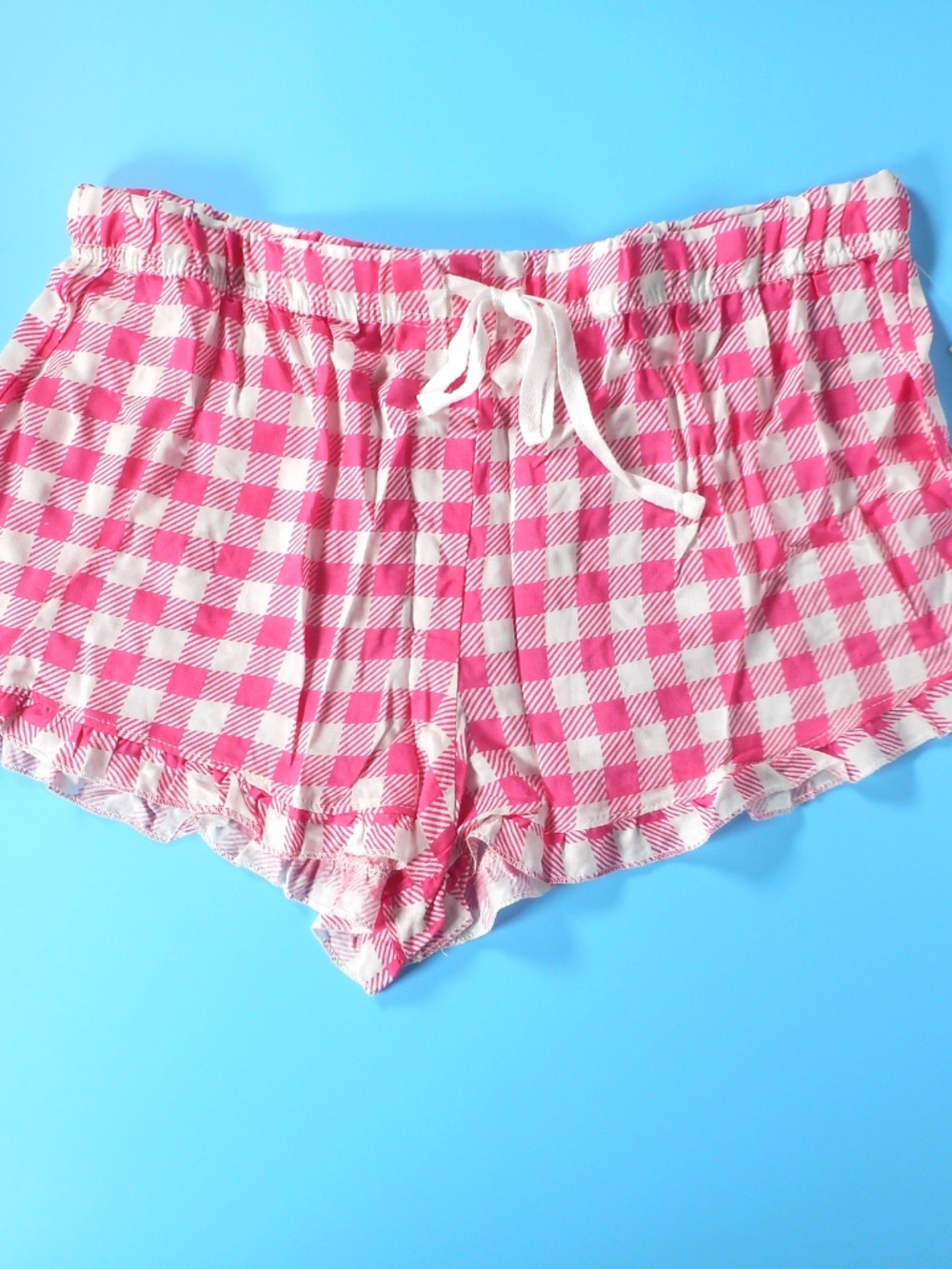 NWT Bobbie Brooks Pink White Plaid S M L XL 2XL Pajama Shorts Ruffle Drawstring